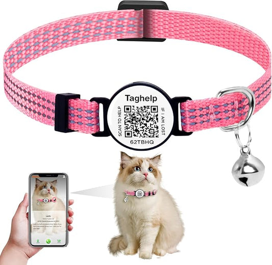 Reflective Cat Collar Personalized with Name ID Tag and Bell. QR Code Name Tag, Cat Smart ID Tag Breakaway.Ultra-Durable, Adjustable, Quick Release, Fits Most Cats (Pink B)