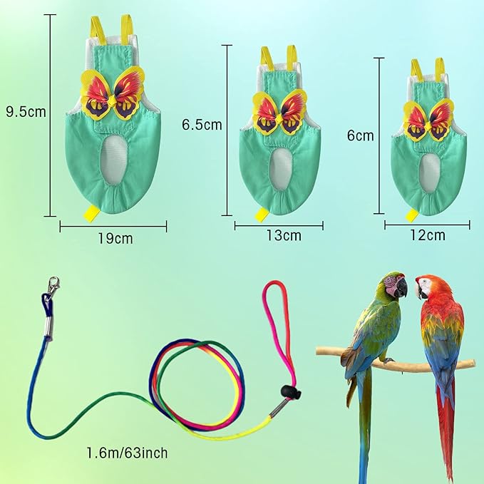 Yanmucy Parrot Harness Double Layer Bird Diapers with Flying Rope Leash Adjustable Parrot Nappy Reusable Bird Harness Outdoor Training Carrier for Birds Parrot Cockatoos Macaws (M, Yellow)