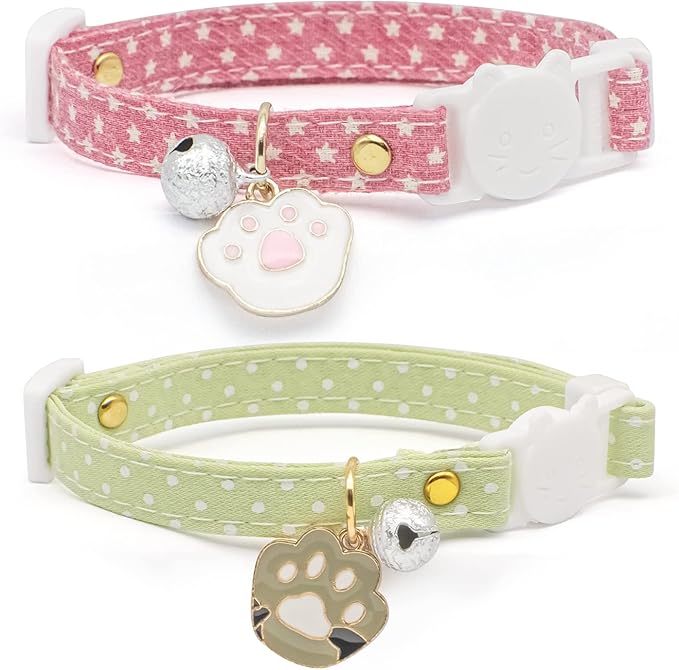 2 Pack Cotton Breakaway Cat Collar with Bell,Pink & Green Cat Paw Pendant Cute Cat Collar Kitten Collar,Ideal for Girl Cats Boy Cats