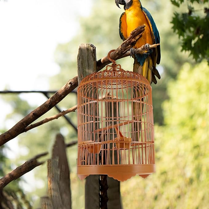 Small Bird Cage Bird Cage Plastic Round Bird Cage with Feeding Bowls and Standing Poles - Hanging Bird Cage for Parakeet Budgie Cockatiel Lovebird Finches Canary - Brown, 10 x 18 Bird Cages