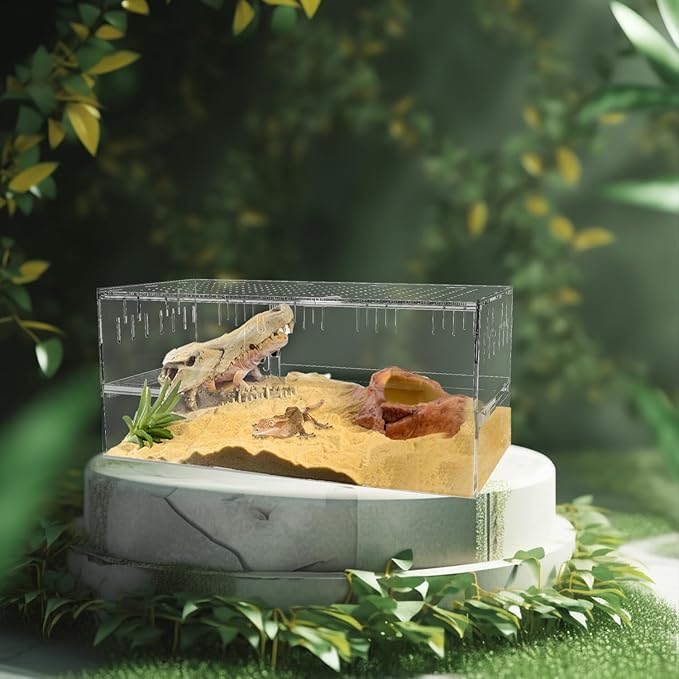 Reptile Terrarium Tank, Hermit Crab Bearded Dragon Enclosure Cage, Habitat Feeding Breeding Box for Amphibian Jumping Spider, Clear Acrylic, 16x8x8 Inch