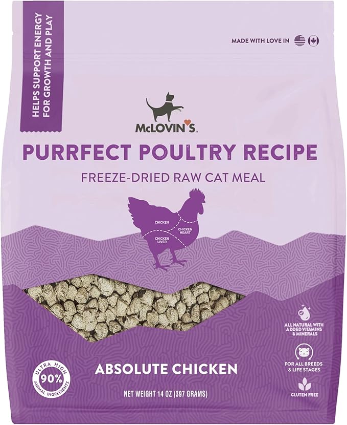 McLovin's Freeze Dried Cat Food, Puurfect Poultry Recipe (14 oz) - Premium Raw, Grain and Gluten Free - Made in North America - an Ideal Meal or Cat Food Topper, for All Ages and Sizes