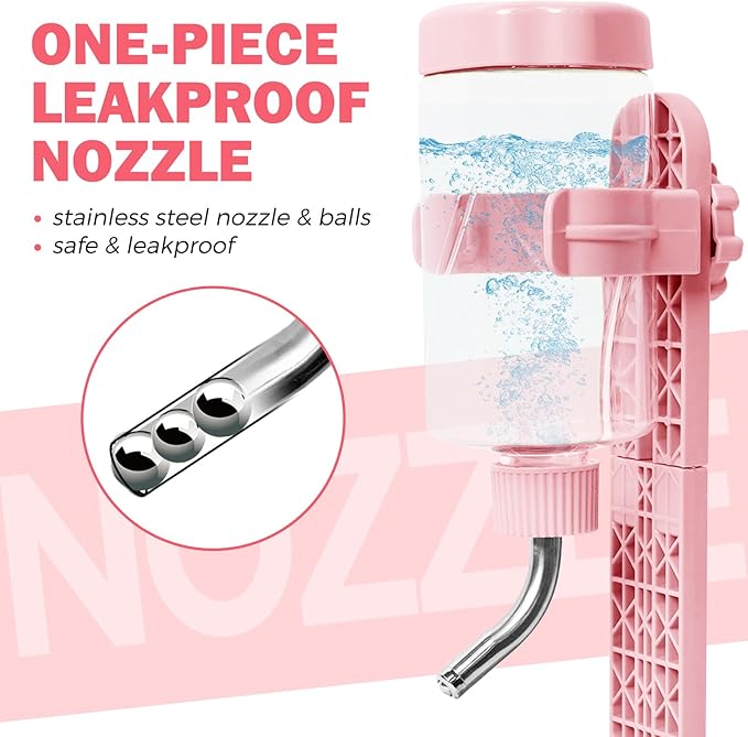 Pet Standing Water Dispenser Top Fill Dog Water Bottle Dispenser with Stand Leakproof Pet Slow Water Bottle for Small Animals, 13oz, BPA Free, Adjustable Height, Pink