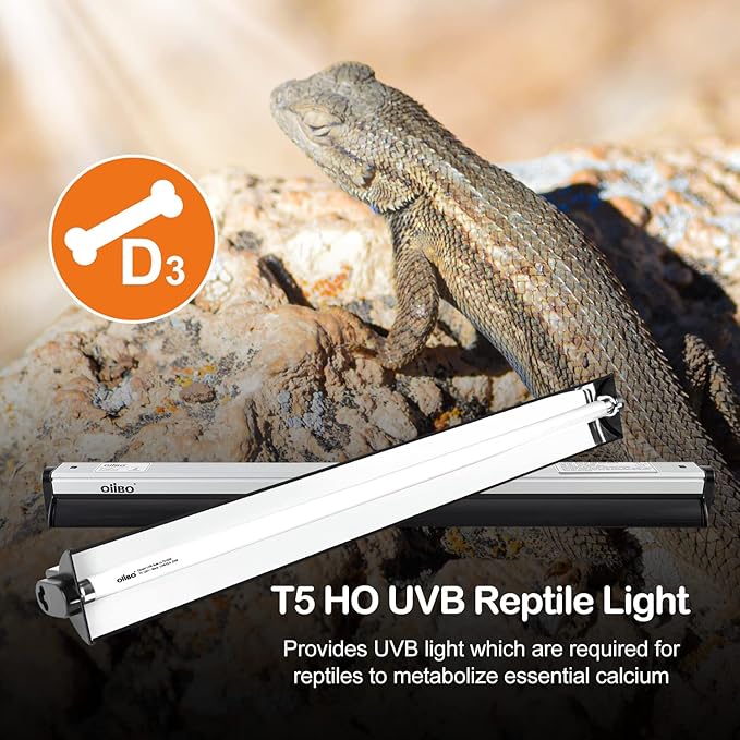 Oiibo T5 UVB Reptile Lighting Combo Kit, Reptile Light Fixture with 39W Desert 12.0 UVB Bulb High Output T5 HO UVB Reptile Light with Detachable Curved Reflector