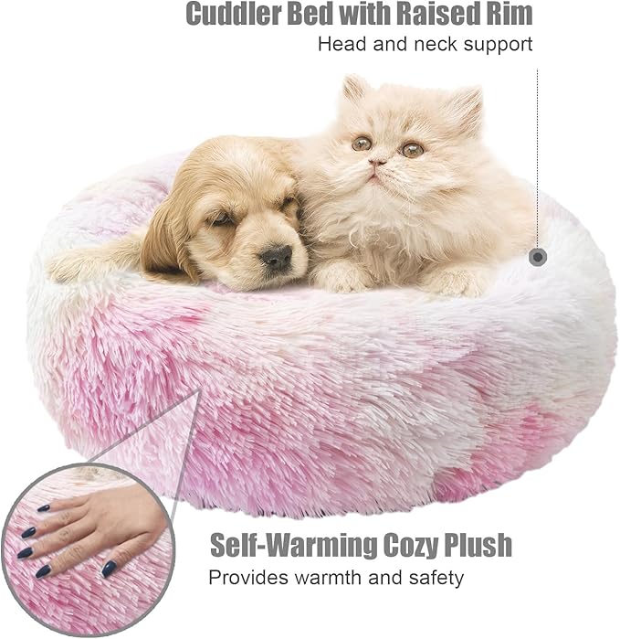 Aurako Cat Bed Dog Bed Round Cushion Pet Bed Mat Ultra Soft Plush Donut Sofa Comfortable Pillow Machine Washable Pet Cuddle Beds for Kitten Small Medium Large Dogs Cats 20" Iridescent