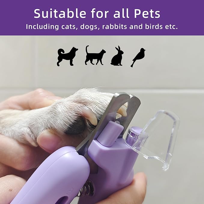 Dog Nail Clippers, Professional Dog Nail Clippers, Prevents Nail Splatter, with Safety Lock and Nail File, Dog Nail Clippers with Light for Cats, Dogs, Rabbits, Guinea Pigs, Birds (Purple)