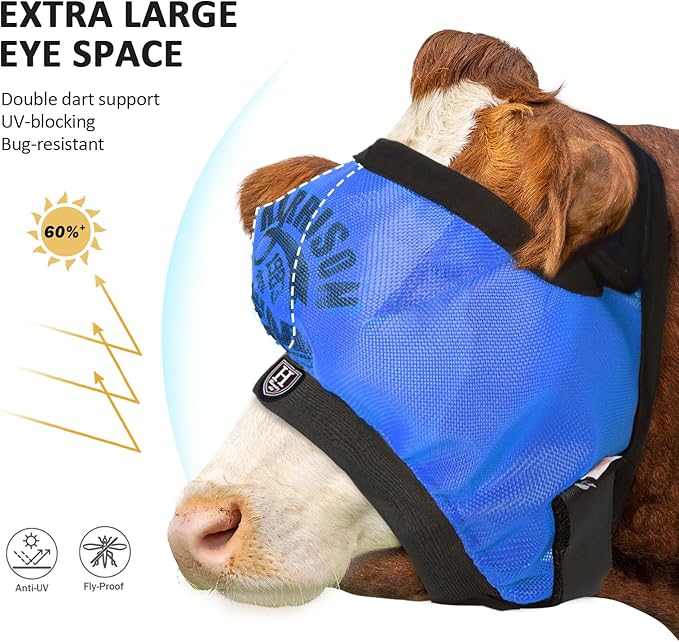 Harrison Howard Cattle Livestock Fly Mask Breathable Mesh Padded Edging with Fun Patterns Large Spacing Forelock Opening Design Adjustable Fit for Cattle Print Blue