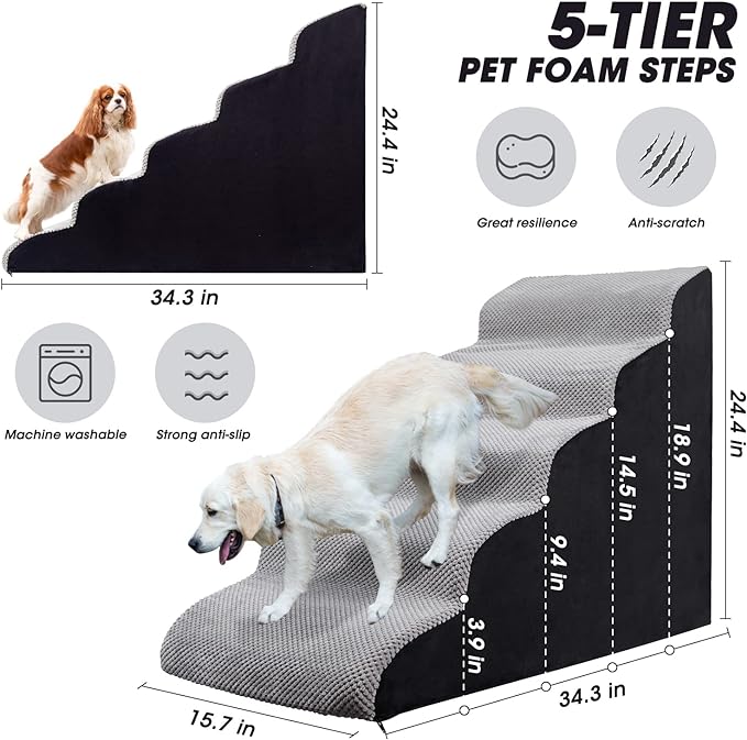 Foam 5 Tier Dog Steps&Stairs for High Beds 25 inches High, Tall Extra Wide Pet Stairs/Steps for High Beds/Bedsides,Non-Slip Dog Ramps for Small Dogs, for Older Dogs/Cats Injured(Grey)