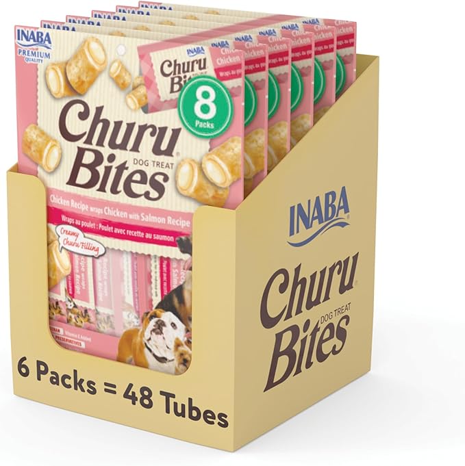 INABA Churu Bites for Dogs, Grain-Free, Soft/Chewy Baked Chicken Wrapped Churu Filled Dog Treats, 0.42 Ounces Each Tube | 48 Tubes Total (8 Tubes per Pack), Chicken with Salmon Recipe