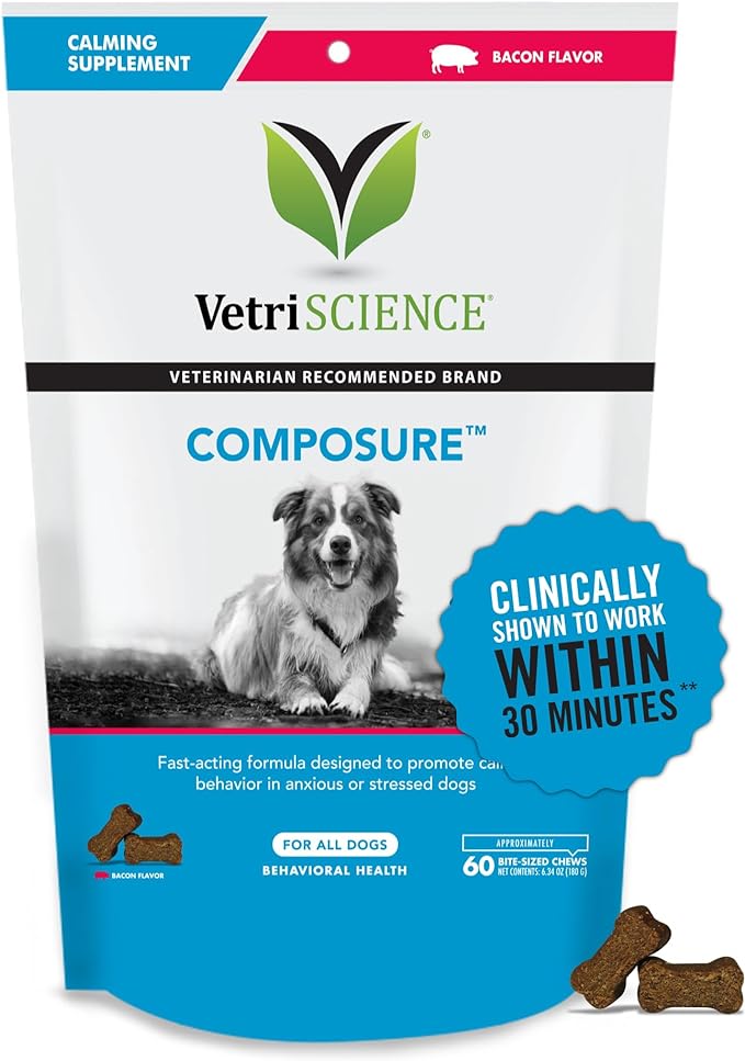 VETRISCIENCE Composure Calming Chews for Dogs - Clinically Proven Dog Anxiety Relief Supplement with Colostrum, L-Theanine & Vitamin B1 for Stress, Storms, Separation & More, 60 Count, Bacon Flavor