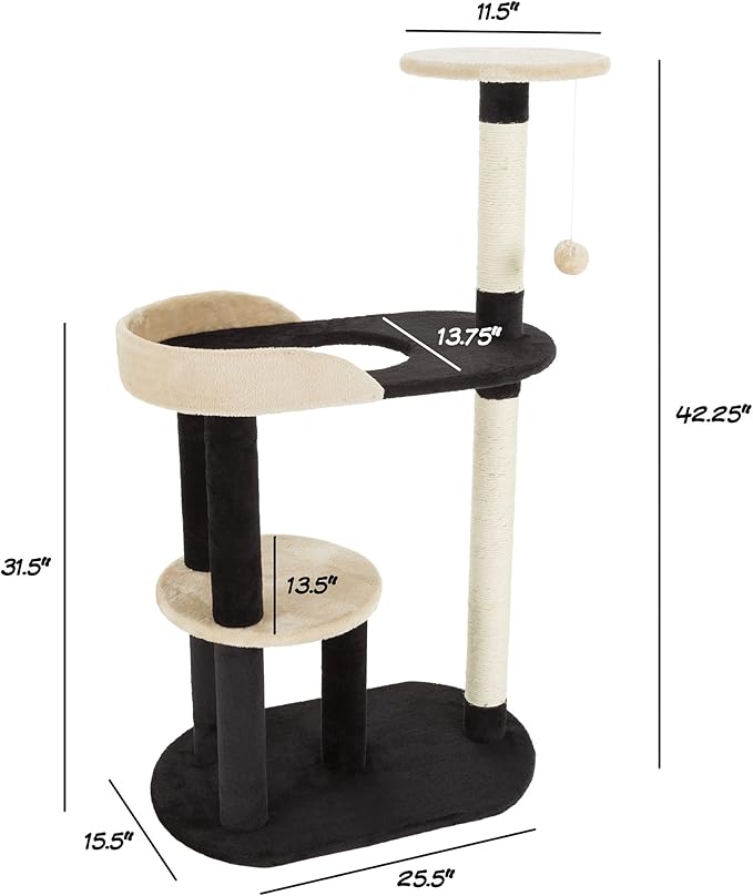 3-Tier Cat Tower - Indoor Feline Furniture with 2 Napping Perches, 2 Sisal Rope Scratching Posts, Peek Hole, and Fun Hanging Toy by PETMAKER (Black)