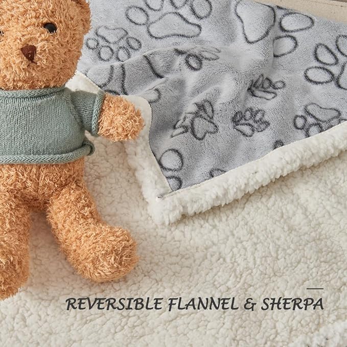 Qeils Dog Blankets for Large Dogs - Waterproof Pet Blanket Washable - Sherpa Fleece Puppy Blanket, Soft Plush Reversible Dog Blanket, Couch Cover for Dogs Washable, 30"X70", Grey Paw Print