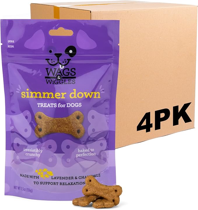 Wags & Wiggles Simmer Down Calming Treats for Dogs, Chicken Flavor, Resealable Bag | Helps Maintain Relaxation | Functional Treats for Dogs with Lavender and Chamomile, 5.5 Ounce - 4 Pack