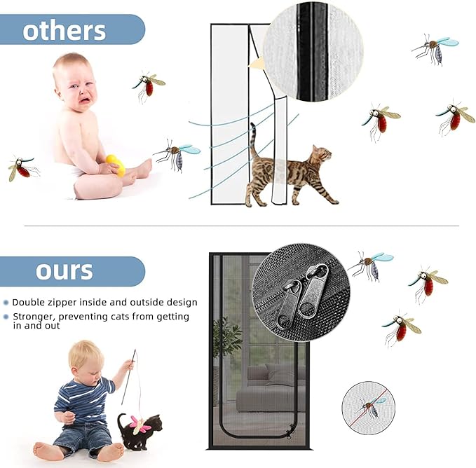 Reinforced Cat Screen Door,Fits Door Size 32''x 80'',Thickened Cat Resistant Mesh Screen Door for Living Room,Kitchen,Bedroom,Cat Proof Screen with Zipper Closure(U-type,Black)