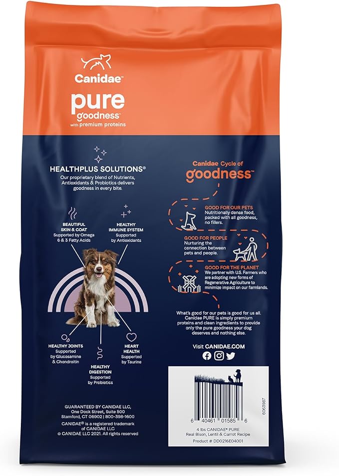 Canidae Pure Limited Ingredient Premium Adult Dry Dog Food, Real Bison, Lentil & Carrot Recipe, 4 lbs, Grain Free