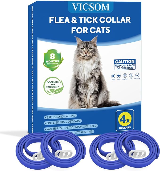 4 Pack Flea Collar for Cats, Cat Flea and Tick Collar 8 Months Prevention Cat Flea and Tick Treatment, Waterproof Adjustable Cat Flea Collar, Natural Anti Tick and Flea Collar for Kitten, Blue