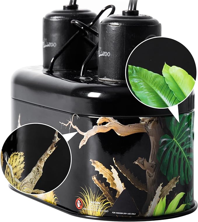 REPTI ZOO Nano Combo Print Tropical Desert Reptile Dual Deep Dome Lamp Fixture for Reptile Max 40 Watts Max Bulb Height 4 in Per Socket UVB Light Fixture Dual Lamp Cap Combo Integration Design