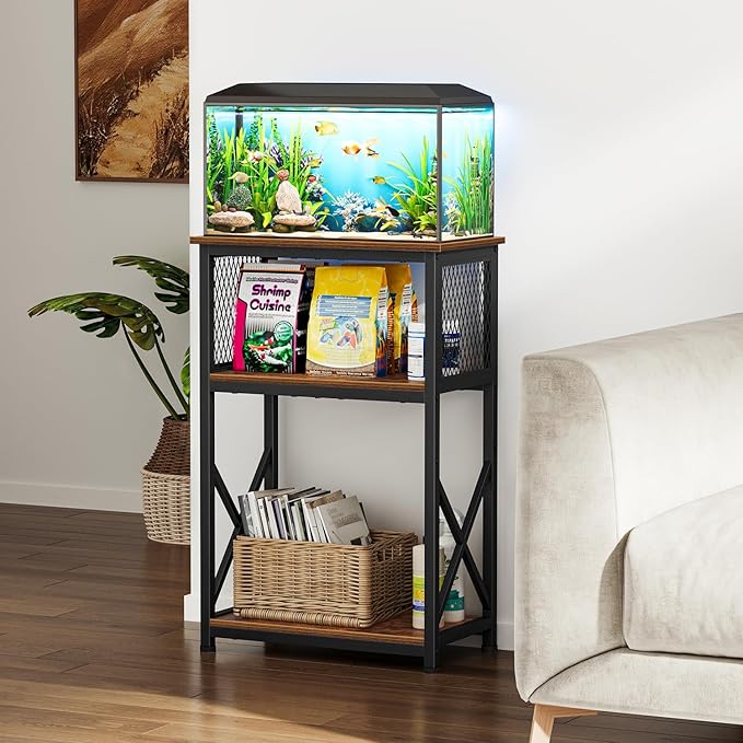 Snughome Fish Tank Stand, 10 Gallon Aquarium Stand with Storage, 3 Tier Heavy Metal Fish Tank Stand Fish Tank Shelf 20.47''L×11.42''W×30.91''H, Rustic Brown