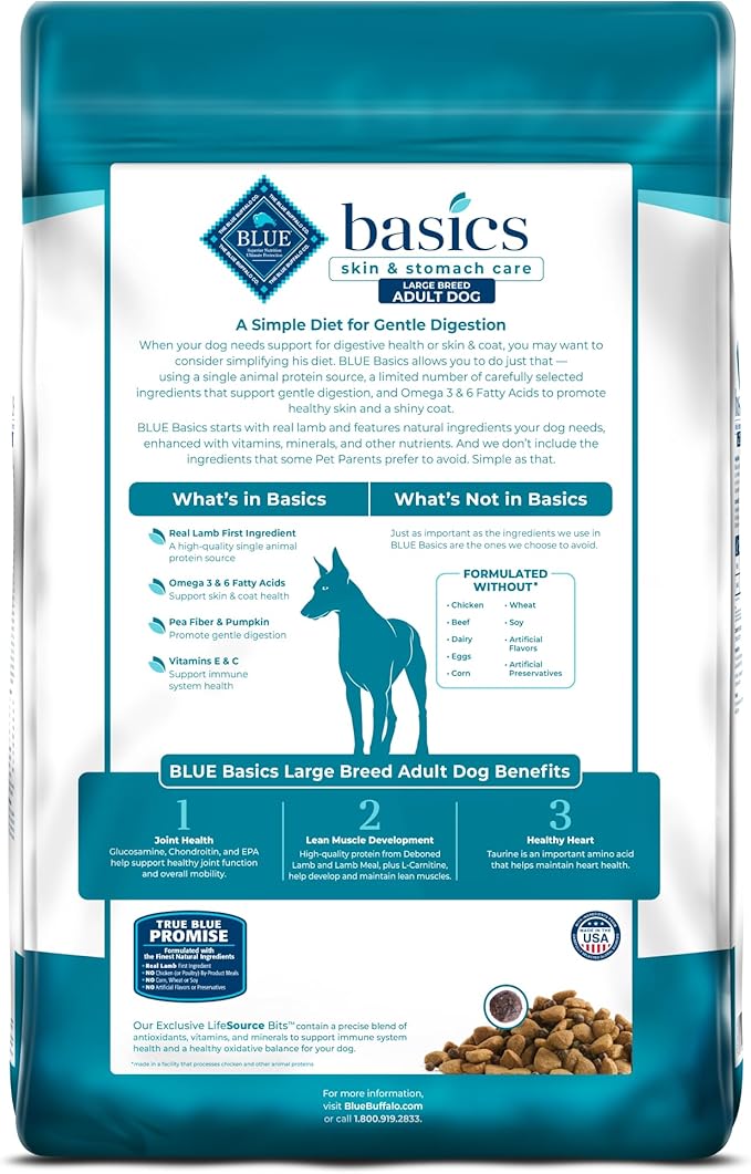 Blue Buffalo Basics Adult Large Breed Grain-Free Dry Dog Food for Skin & Stomach Care, Limited Ingredient Diet, Made in the USA with Natural Ingredients, Lamb & Potato Recipe, 22-lb. Bag