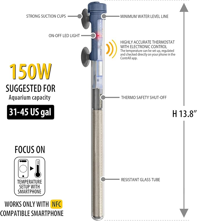 Sicce Scuba 150 Watt Aquarium Fish Tank Heater Smartphone Controlled via NFC Contactless App Adjustable | 150W Submersible for Marine Saltwater and Freshwater | Run Dry Protection