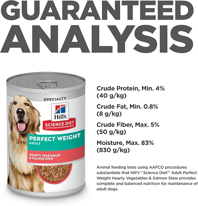 Hill's Science Diet Perfect Weight, Adult 1-6, Weight Management Support, Wet Dog Food, Salmon & Vegetables Stew, 12.5 oz Can, Case of 12