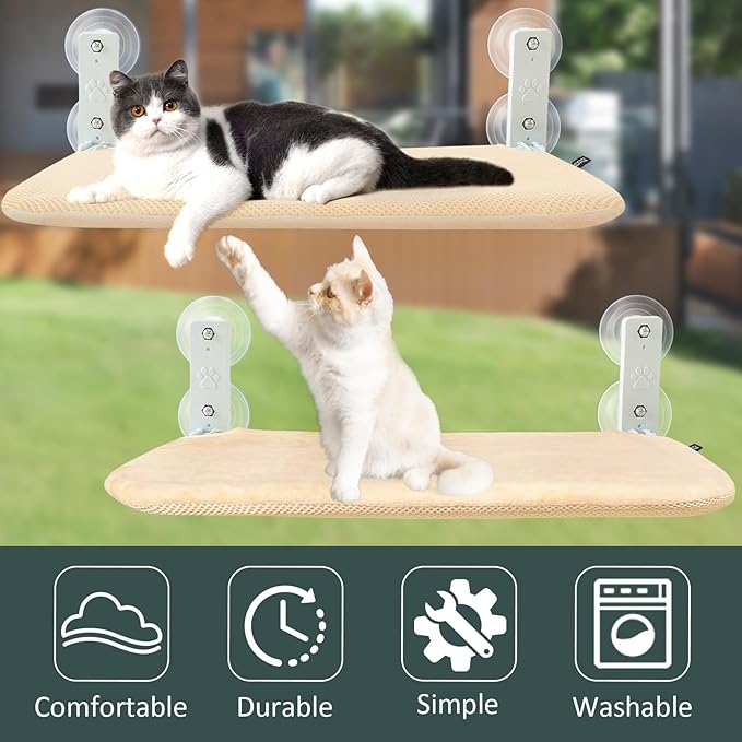 Sunhoo Cat Window Hammock Perch Cordless Perches Window Sill Seat Bed Foldable Stable Lounger Upgraded Suction Cup Easy Assembly Indoor Cats Kitty Shelf Hold Up to 55lbs（Beige,S