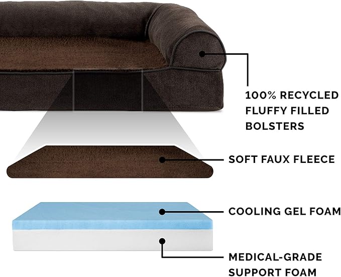 Furhaven Cooling Gel Dog Bed for Large Dogs w/ Removable Bolsters & Washable Cover, For Dogs Up to 125 lbs - Sherpa & Chenille Sofa - Coffee, Jumbo Plus/XXL