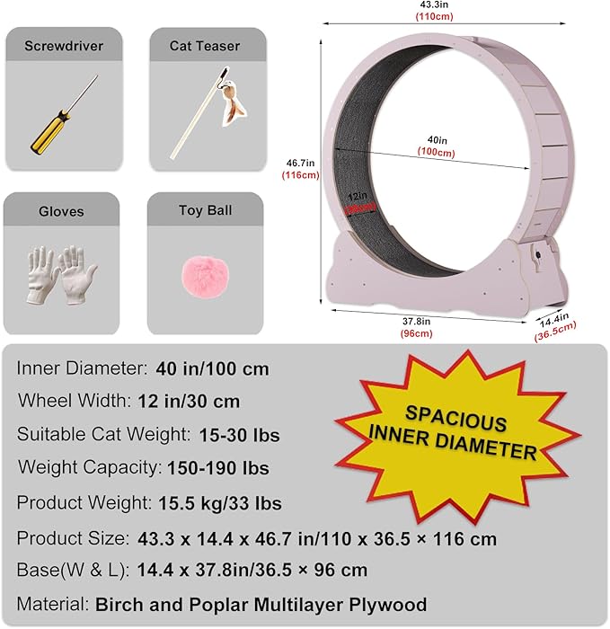 Cat Wheels for Indoor Cats. Extra Large Diameter Cat Treadmill. Made of Natural Solid Wood. Inside Diameter 40in/100cm. Including Installation Tools and Cat Teaser. (Pink)