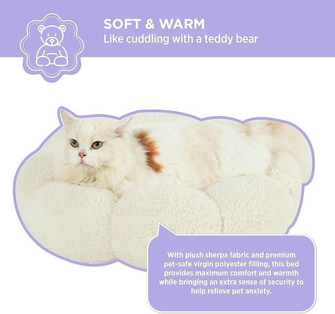Lesure Calming Cat Beds for Indoor Cats - Cute Flower Pet Beds in Teddy Sherpa Plush, Donut Round Fluffy Puppy Bed, Non-Slip Extra Small Dog Bed Fits up to 15 lbs, Machine Washable, Cream 20"