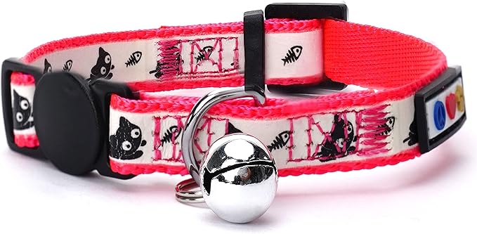 Pawtitas Glow in The Dark Cat Collar with Safety Buckle and Removable Bell Cat Collar Kitten Collar Pink Cat Collar