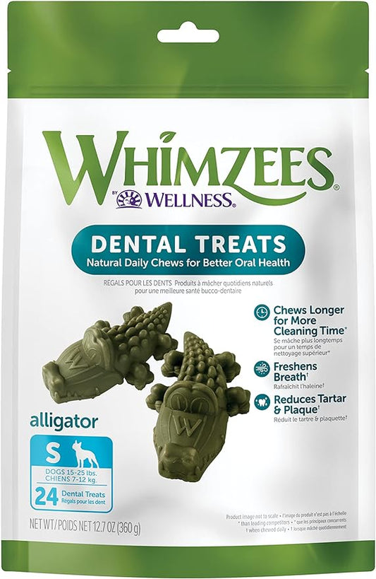 WHIMZEES by Wellness Alligator Natural Dental Chews for Dogs, Long Lasting Treats, Grain-Free, Freshens Breath, Small Breed, 24 count