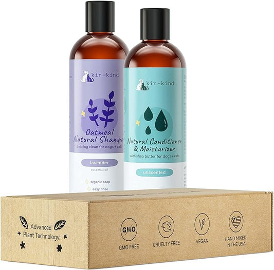 kin+kind Lavender Oatmeal Pet Shampoo + Conditioner for Itchy Dogs and Cats - Oatmeal Shampoo for Dogs and Cats, Conditioner for Dogs and Cats - Pet Natural Shampoo Plus Conditioner (Bundle)