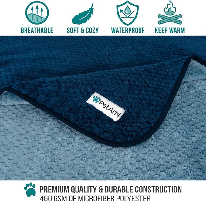 PetAmi Waterproof Dog Blanket, Leakproof Puppy Blanket for Small Medium Dogs, Furniture Sofa Couch Cover Protector, Fleece Pet Throw Indoor Cat Kitten, Reversible Washable Soft Plush, 29x40 Navy Blue