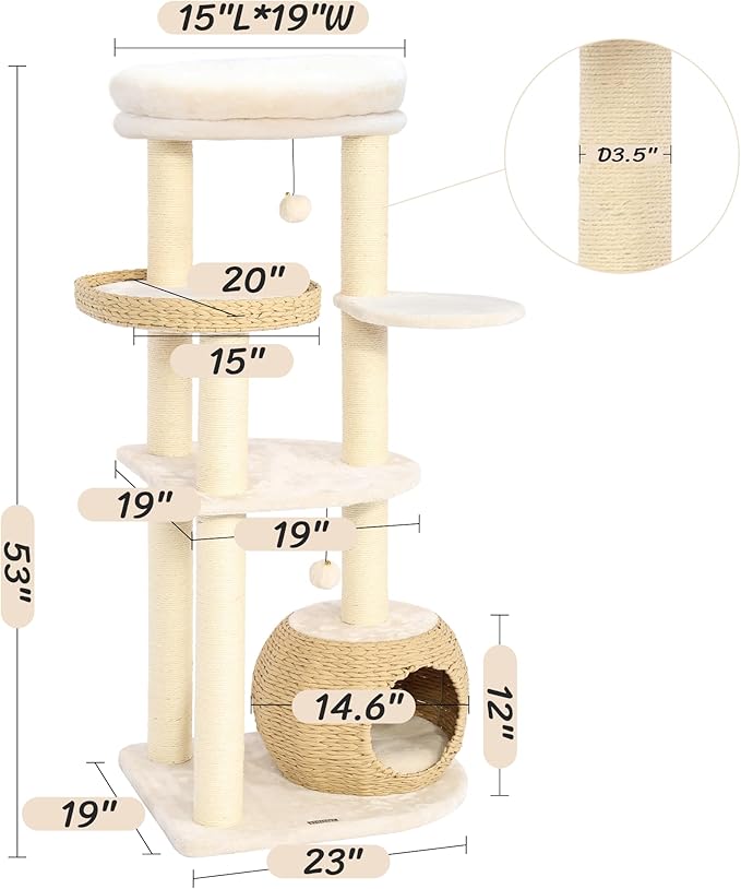 KAMABOKO Modern Cat Tree, 53" Tall Cat Tree for Indoor Cats w/Natural Sisal Scratching Posts, Hand-Woven Condo & Top Perch, Cat Tree for Kittens Climb Play & Rest