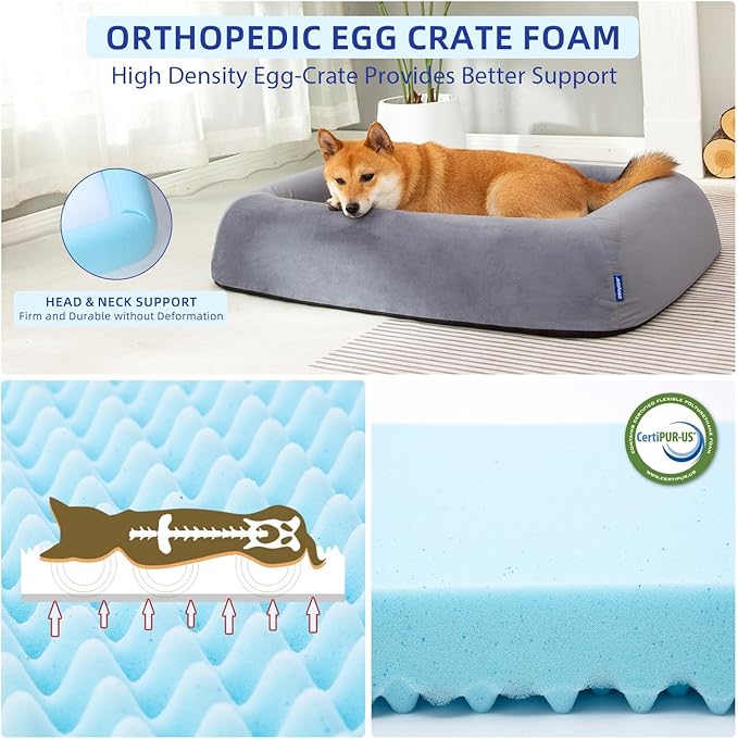 Orthopedic Dog Bed for Large Dogs Waterproof Pet Bed Soft Sofa with Two Fabrics Washable Removable Cover Egg Foam Support Anti-Slip Bottom Extra Head and Neck Support Sleeper,L Grey