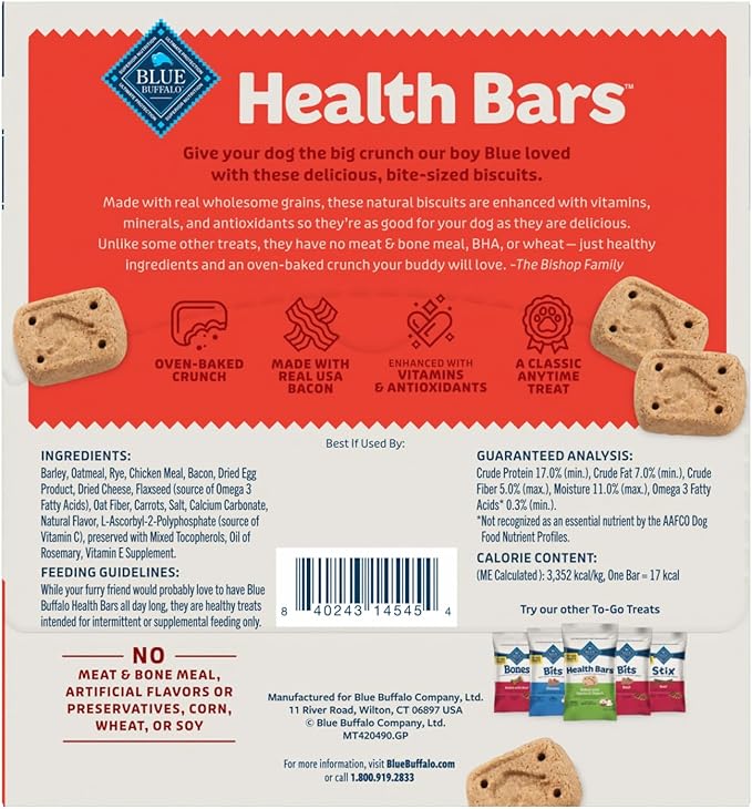 Blue Buffalo Health Bars Natural Crunchy Dog Treats TO-GO, Mini Biscuits, Bacon, Egg & Cheese 1-oz Bags (Pack of 12)