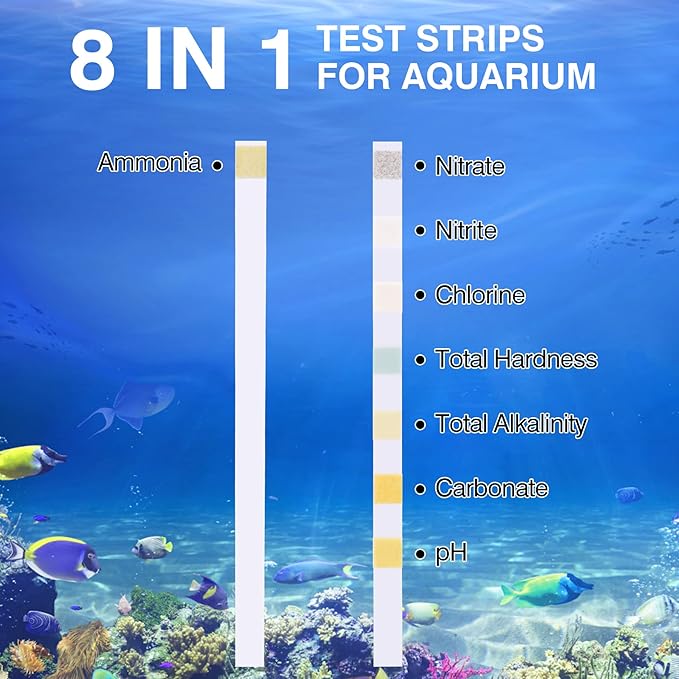 8 in 1 Ammonia Test Kit for Aquarium, Aquarium Test Strips, Fish Tank Test Strips, Aquarium Ammonia Test Strips for Aquarium 150 Counts for Freshwater Saltwater, Testing Ammonia and 7 More