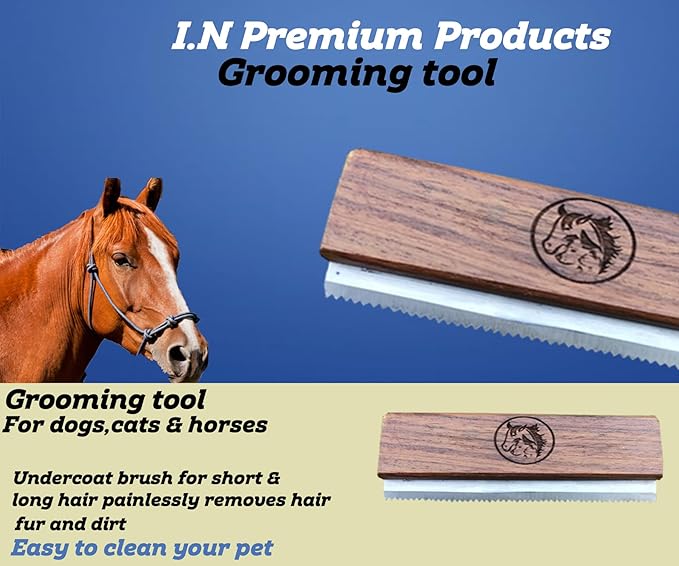 Original Deshedding Grooming Tools for Horse, Cats & Dogs Easy Ergonomic Wooden Handle Professional Brush Grooming Tool, Remove painlessly 95 Percent of Lose Hair Fur & Dirt (8 inch)