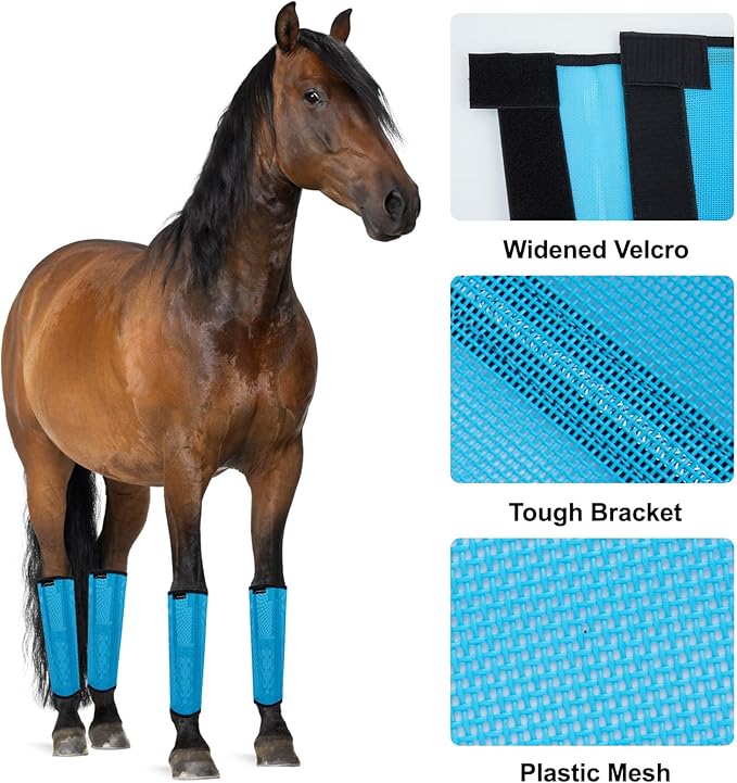 Horse Fly Boots, Adjustable Fly Boots for Horses Set of 4, Comfortable Horse Leggings, Breathable Plastic Mesh Material, Horse Supplies for Reduces Stress & Leg Fatigue (Blue)