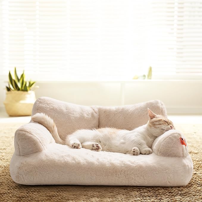 Pet Bed for Medium Small Cats and Dogs, Washable Puppy Sleeping Bed Cat Couch Pet Sofa Bed, Soft Calming Cat Sofa Beds for Indoor Cats Anti-Slip Bottom (White)