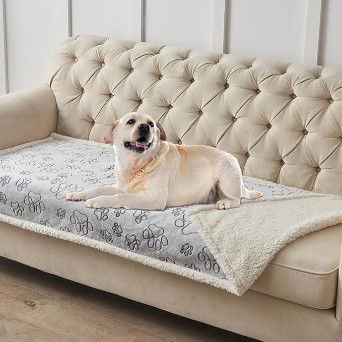 Qeils Dog Blankets for Large Dogs - Waterproof Pet Blanket Washable - Sherpa Fleece Puppy Blanket, Soft Plush Reversible Dog Blanket, Couch Cover for Dogs Washable, 30"X70", Grey Paw Print