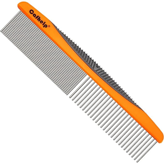 Metal Dog Comb, Cat Comb with Rounded and Smooth Ends Stainless Steel Teeth and NonSlip Grip Handle, Professional Dog Grooming Tools for Removes Tangles and Knots, Greyhound Comb, Pet Comb