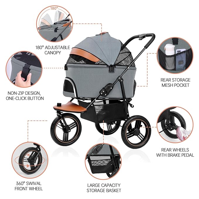 Dog Stroller for Medium Small Dogs, 3 in1 Pet Stroller Zipperless Dog Cat Jogger Stroller 3 Wheels with Detachable Dog Carriage, Storage Basket and One-Button Folding Frame for Pets Walk-Gray