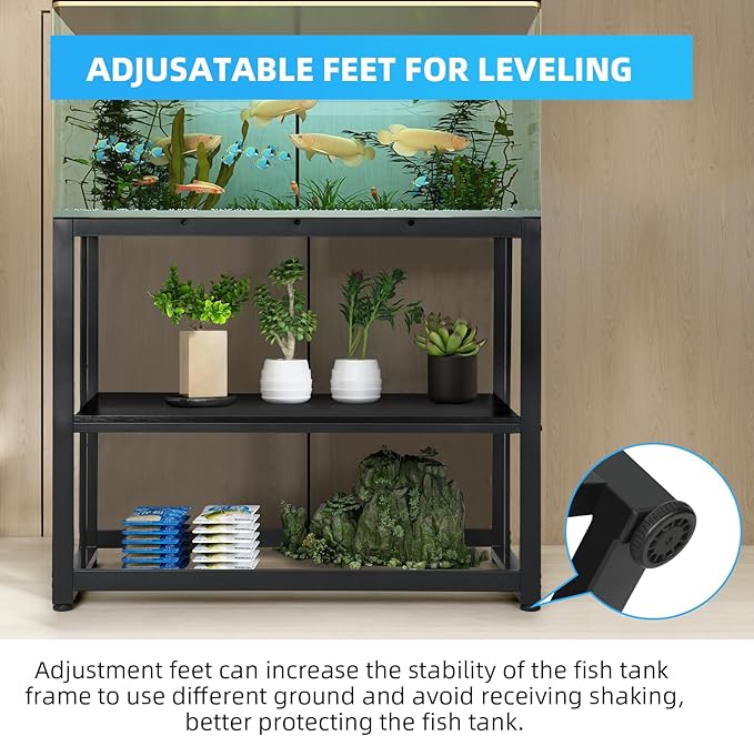 VOWNER 40-50 Gallon Fish Tank Stand - Metal Aquarium Stand, 36.6" x 18.5" x 29.5" Adjustable Heavy Duty Reptile Tank Stand, Adjustable 2-Tier Fish Tank Rack Shelf for Home Office, Tank not Included