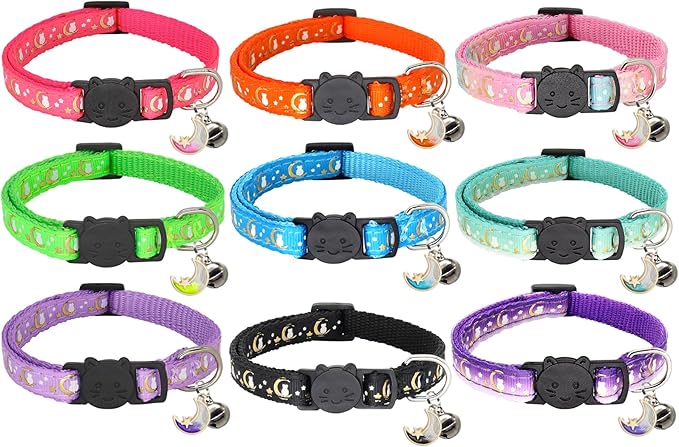 2 Pack Breakaway Cat Collar with Bells, Adjustable Moon and Star Kitten Safety Collars for Boys & Girls, Black+Orange