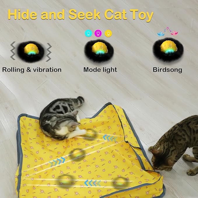 Interactive Cat Toys for Indoor Cats, Electric Cat Ball Fast Rolling in Pouch, Motion Activated Chirping Cat Toy, Hide and Seek Cat Toy with LED Light