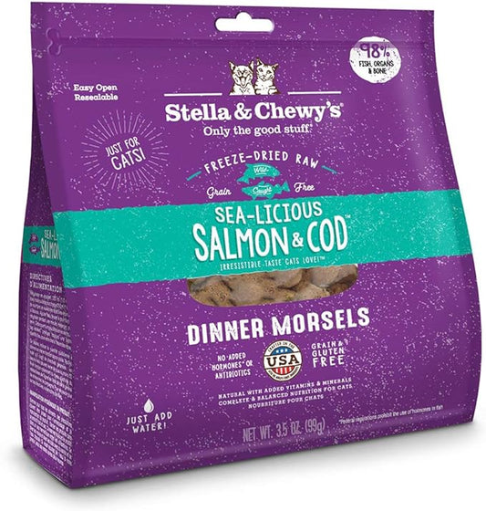 Stella & Chewy's Freeze-Dried Raw Sea-Licious Salmon & Cod Dinner Morsels Cat Food, 3.5 oz. Bag, Freeze-Dried Raw Cat Dinner Morsels