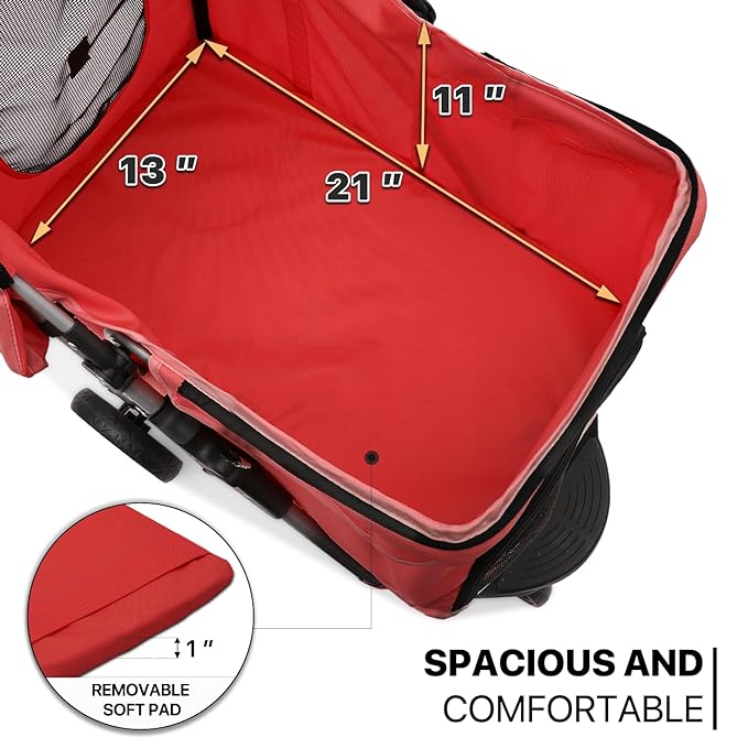 MoNiBloom 3 Wheels Pet Stroller, Foldable Puppy Cage Jogger Stroller with Weather Cover for All-Season, Storage Basket and Cup Holder, Breathable and Visible Mesh for Small/Medium Pets, Red
