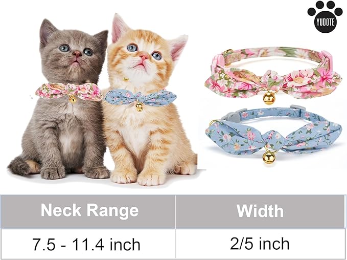 Cotton Bowtie Cat Collar with Bell 2 Pack Stylish Floral Breakaway Kitten Collars with Removeable Knot Bow,Blue & Pink