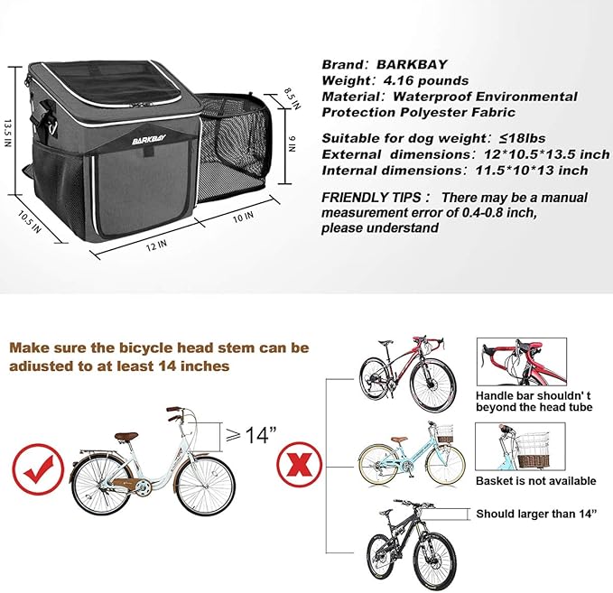 Dog Bike Basket Carrier, Expandable Foldable Soft-Sided Dog Carrier, 2 Open Doors, 5 Reflective Tapes, Pet Travel Bag,Dog Backpack Carrier Safe and Easy for small medium Cats and Dogs(Black)